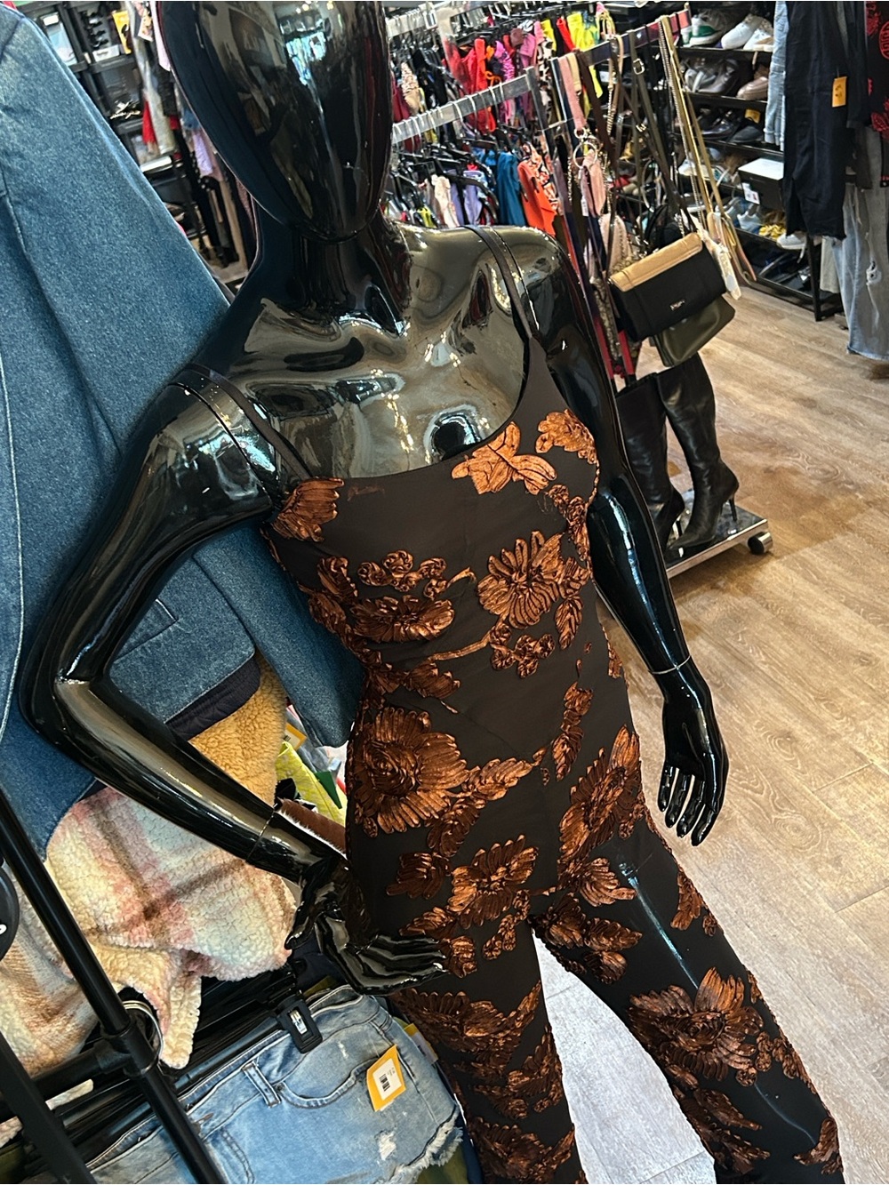 AKIRA Black Strapless Jumpsuit with Brown Floral Print - Picture 2 of 7